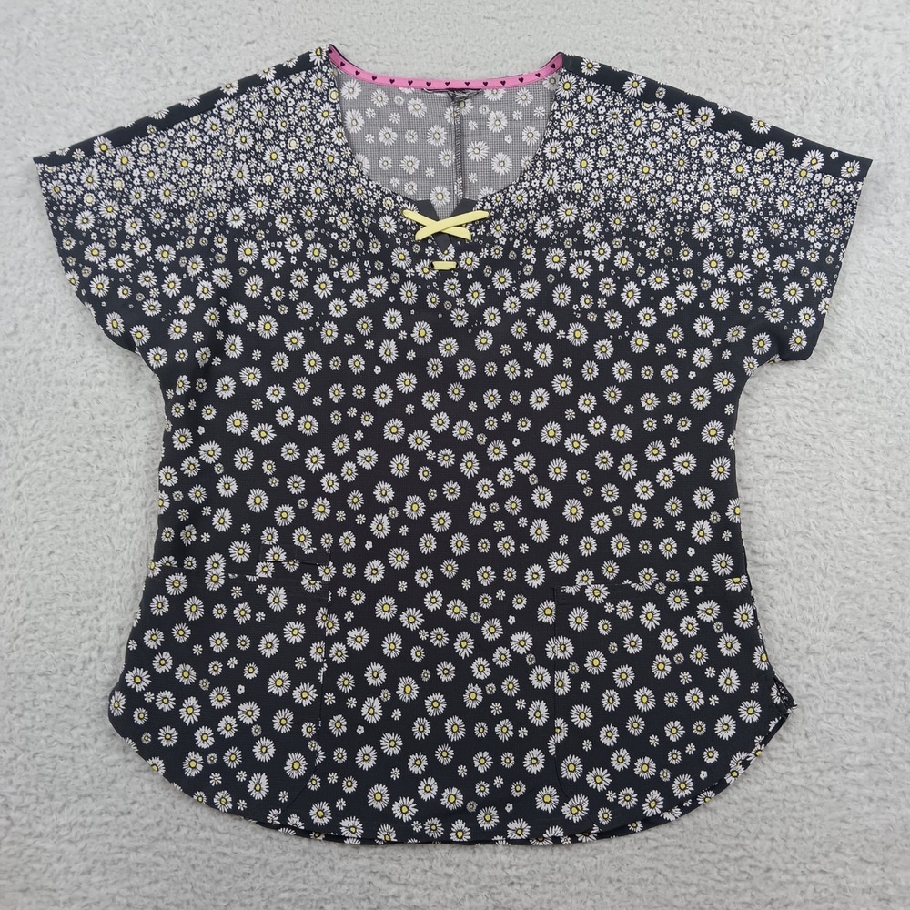 Koi Scrub Top Women L Black Daisy Floral Lace-up V-Neck Pocket Workwear